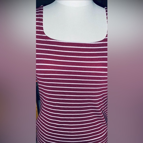 Large Burgundy Red and White Pinstripe Stretch Knit Dress - Picture 3 of 5